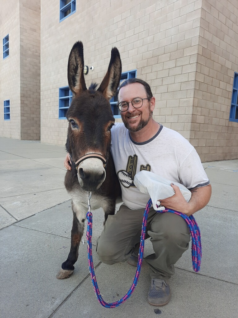 Tim kneeling beside Cookie, a miniature donkey, outside a school building